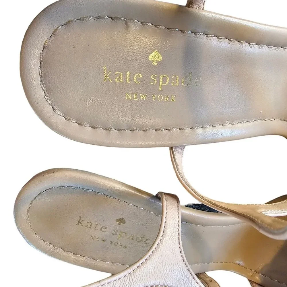 Kate Spade Jill Pink Puff Leather‎ Rosette Black White Woven Raffia Wedges Sz 10